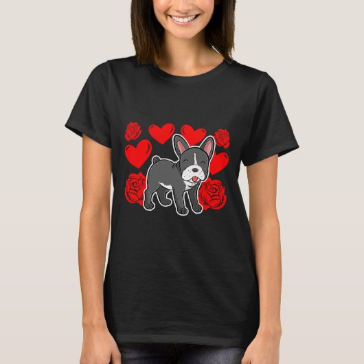 Love Heart Valentines Day Roses French Bulldog Bo  Tシャツ (正面)