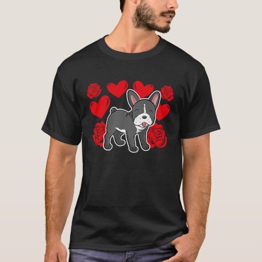 Love Heart Valentine's Day Roses French Bulldog Bo Tシャツ (正面)