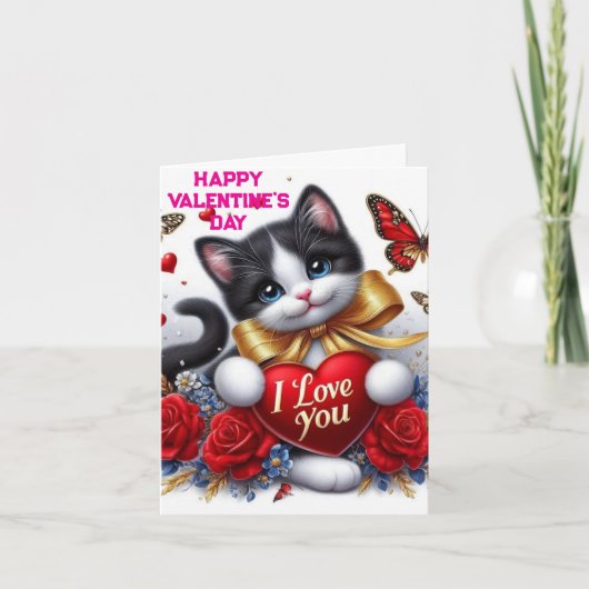 Love Hearts Cute Cat  and Roses Valentines Day カード (正面)