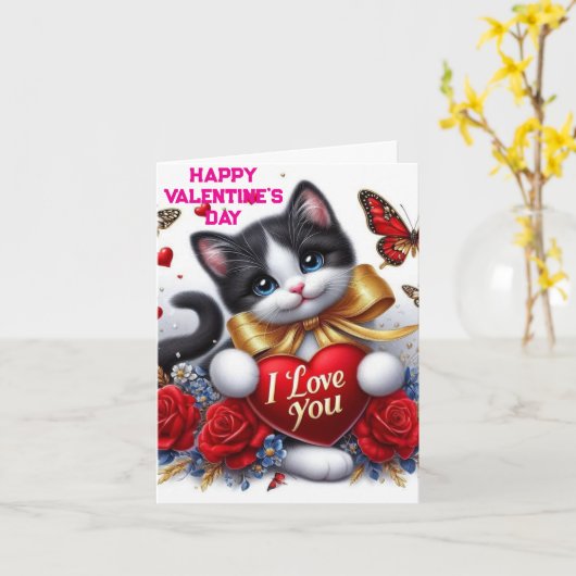 Love Hearts Cute Cat  and Roses Valentines Day カード (黄色い花)