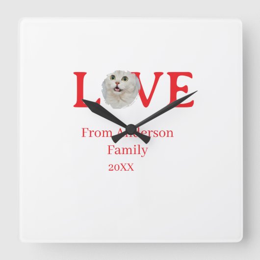 Love holidays cat photo pet family name bold lette スクエア壁時計 (正面)