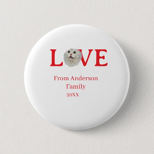 Love holidays cat photo pet family name bold lette 缶バッジ (正面)