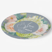 Love in Bloom フローラル ブライダル シャワー ダスティーブルー ペーパープレート (アングル)