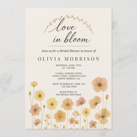 Love In Bloom Boho QR Code Bridal Shower 招待状 (正面)