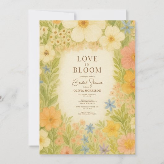 Love in Bloom Botanical QR Code Bridal Shower 招待状 (正面)