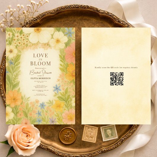 Love in Bloom Botanical QR Code Bridal Shower 招待状