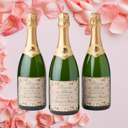 「Love in Bloom Floral Bridal Shower Sparkling」- 開花 スパークリングワインラベル