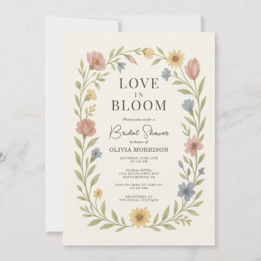 Love In Bloom Floral QR Code Bridal Shower 招待状 (正面)