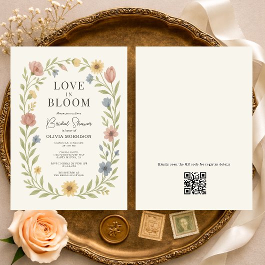 Love In Bloom Floral QR Code Bridal Shower 招待状