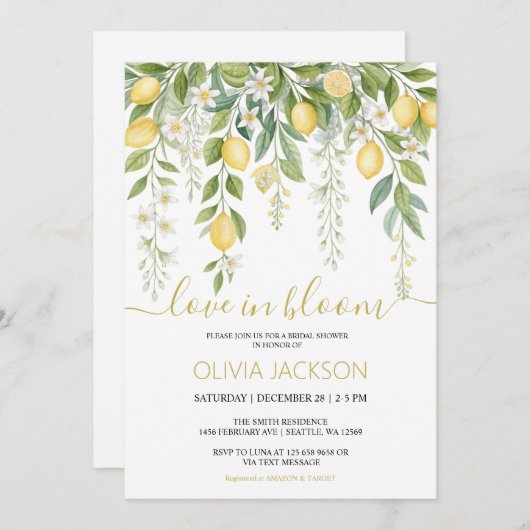 Love in Bloom | Lemon Blossom Bridal Shower 招待状 (正面/裏面)