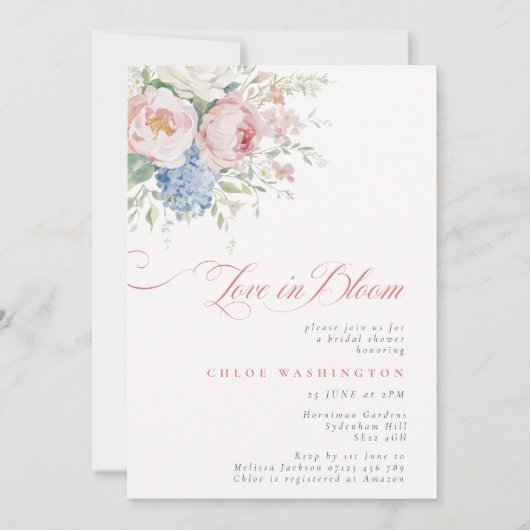 Love in Bloom Pastel Pink & Blue Bridal Shower 招待状 (正面)
