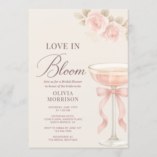 Love in Bloom Pink Champagne Bow Bridal Shower 招待状 (正面)