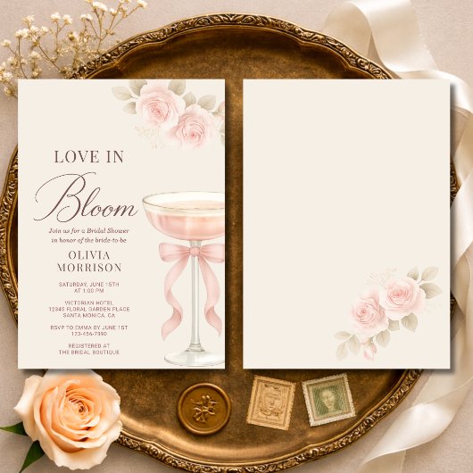Love in Bloom Pink Champagne Bow Bridal Shower 招待状