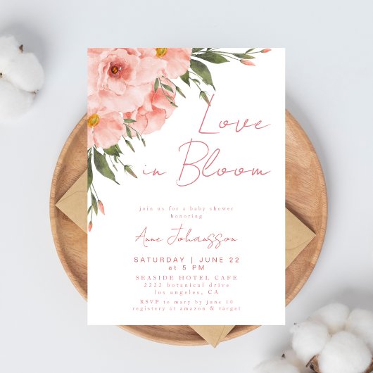 Love In Bloom Pink Roses Flowery Baby Shower 招待状