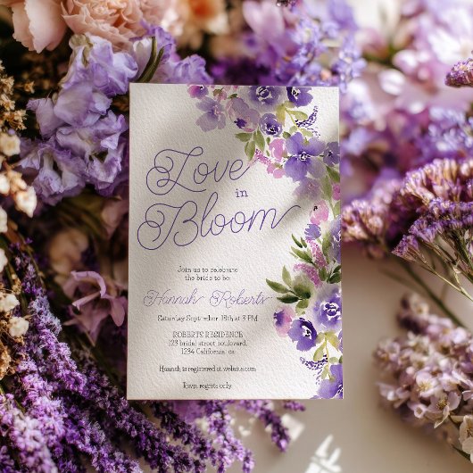 Love in bloom purple wildflowers bridal shower 招待状