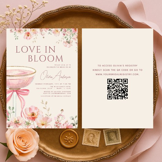 Love in Bloom QR Code Champagne Bow Bridal Shower 招待状