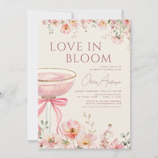 Love in Bloom QR Code Champagne Bow Bridal Shower 招待状 (正面)