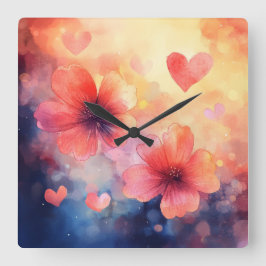 Love in Bloom – Romantic Square Floral Wall Clock スクエア壁時計