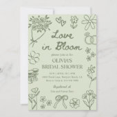Love in Bloom Sage Green Hand Drawn Bridal Shower 招待状 (正面)