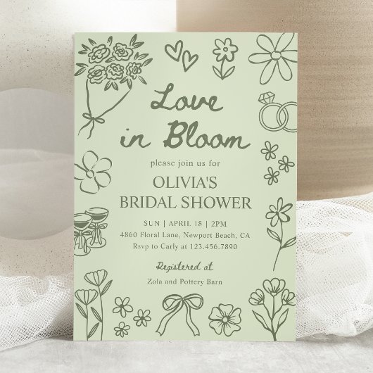 Love in Bloom Sage Green Hand Drawn Bridal Shower 招待状