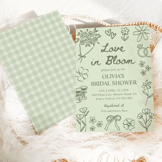 Love in Bloom Sage Green Hand Drawn Bridal Shower 招待状