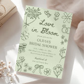 Love in Bloom Sage Green Hand Drawn Bridal Shower 招待状