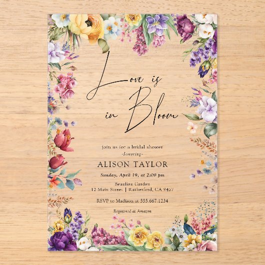 Love In Bloom Spring Floral Bridal Shower アクリル招待状 (正面)
