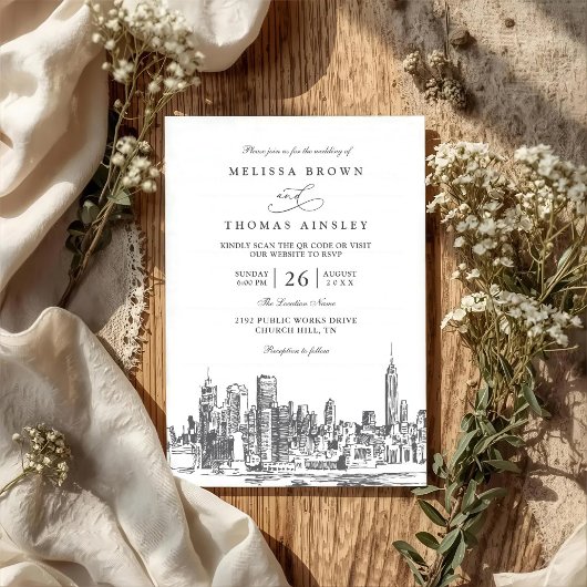 Love in New York Elegant Modern QR Code Wedding 招待状