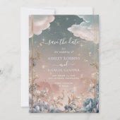 Love in the Air Sparklesと花模様Save the Date 招待状 (正面)