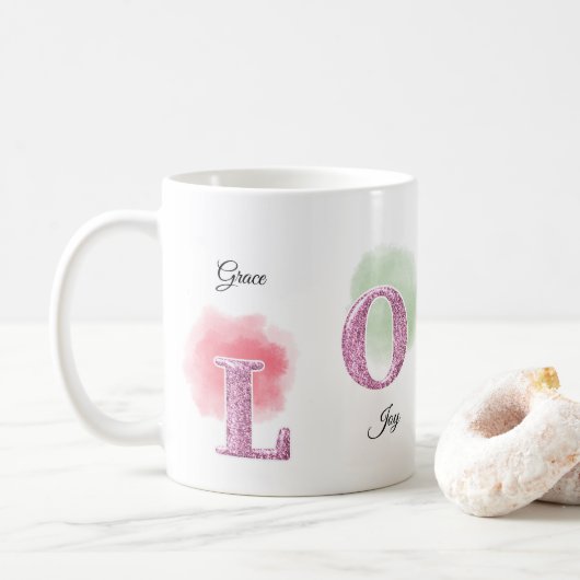 LOVE Initial Custom Name Watercolor Design コーヒーマグカップ (ドーナツ)