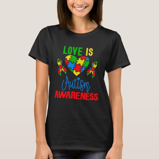 Love is Autism Awareness Puzzle Pieces Heart and R Tシャツ (正面)