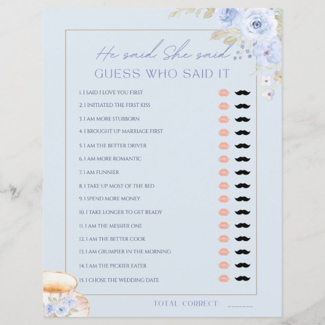 Love is Brewin He Said She Said Bridal Shower Game (正面)