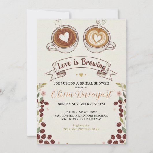 Love is Brewing コーヒー 手描き ブライダルシャワー 招待状 (正面)