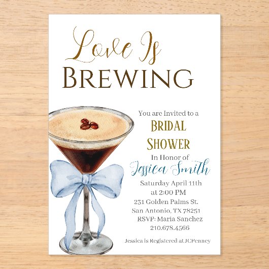 Love is Brewing Blue Bridal Shower Invitation  アクリル招待状 (正面)