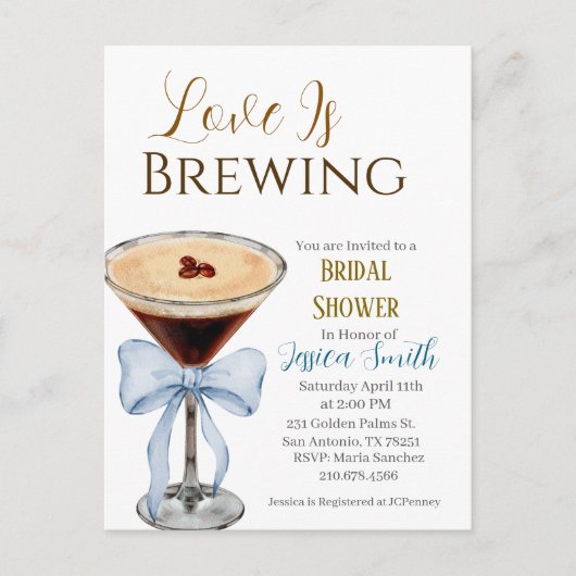 Love is Brewing Blue Bridal Shower Invitation  ポストカード (正面)
