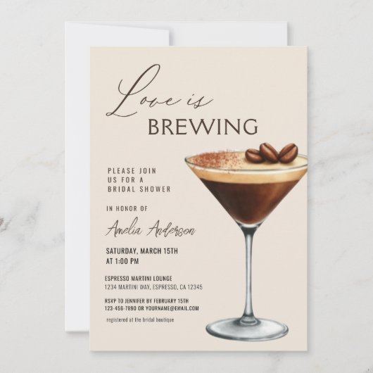 Love is Brewing Bridal Shower Espresso Martini 招待状 (正面)