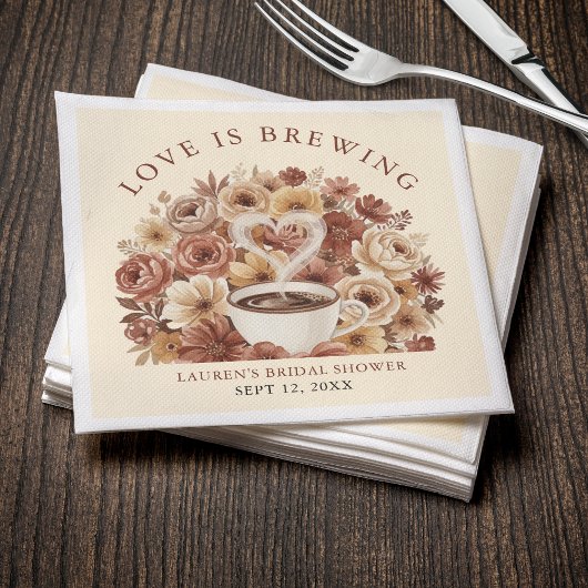 Love is Brewing Brown Floral Coffee Heart Bridal スタンダードカクテルナプキン