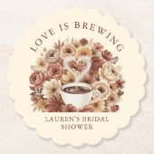 Love is Brewing Brown Floral Coffee Heart Bridal ペーパーコースター (正面)