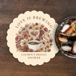Love is Brewing Brown Floral Coffee Heart Bridal ペーパーコースター