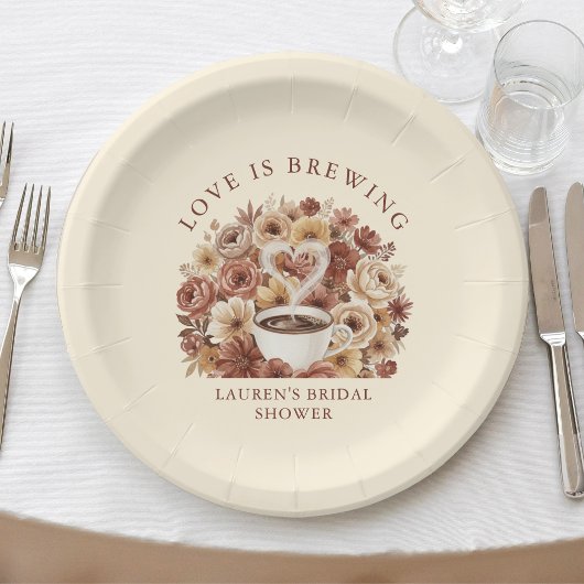 Love is Brewing Brown Floral Coffee Heart Bridal ペーパープレート