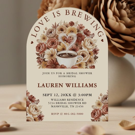 Love is Brewing Brown Floral Coffee Heart Bridal 招待状