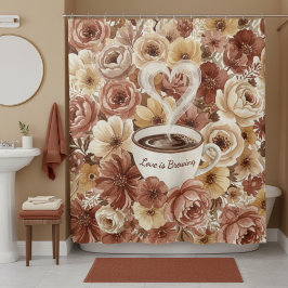 Love is Brewing Brown Floral Coffee Heart Mug シャワーカーテン