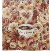 Love is Brewing Brown Floral Coffee Heart Mug シャワーカーテン (正面)