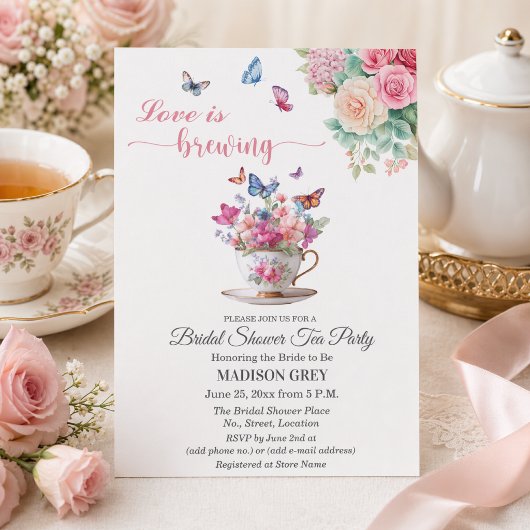 Love is Brewing Butterfly Bridal Shower Tea Party 招待状