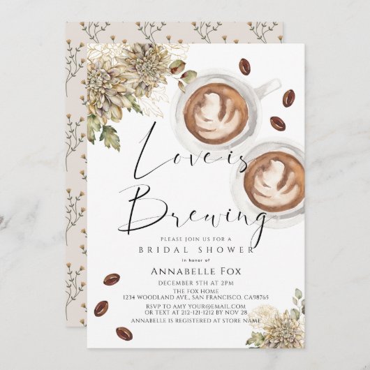 Love is Brewing Cappuccino Coffee Bridal Shower 招待状 (正面/裏面)