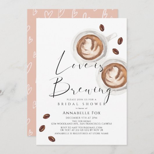 Love is Brewing Cappuccino Coffee Bridal Shower 招待状 (正面/裏面)