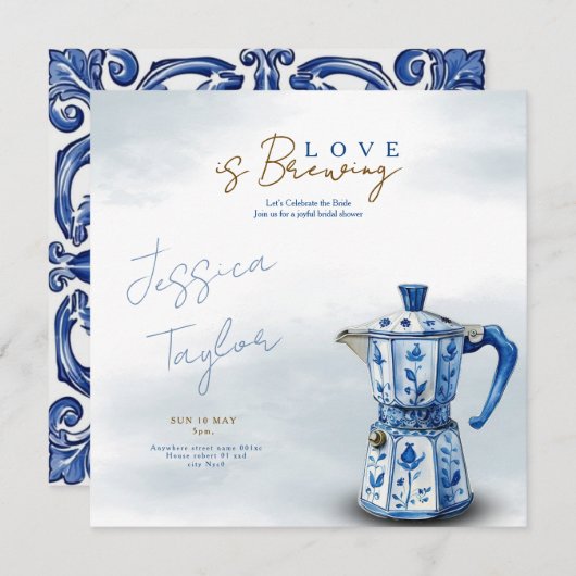 Love is Brewing Chinoiserie blue Bridal Shower Inv 招待状 (正面/裏面)