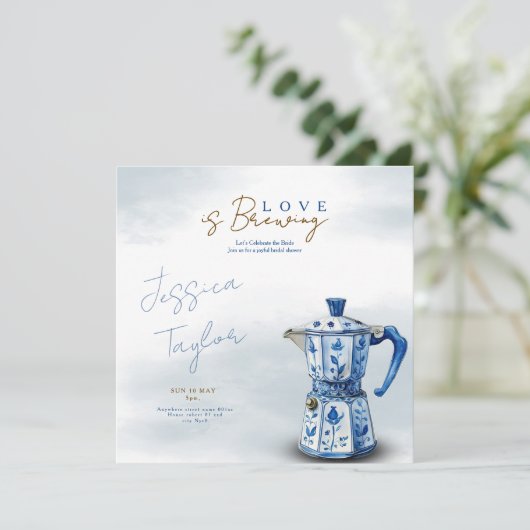 Love is Brewing Chinoiserie blue Bridal Shower Inv 招待状 (スタンド正面)