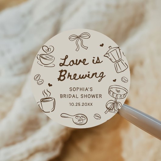 Love is Brewing Coffee Hand Drawn Bridal Shower ラウンドシール