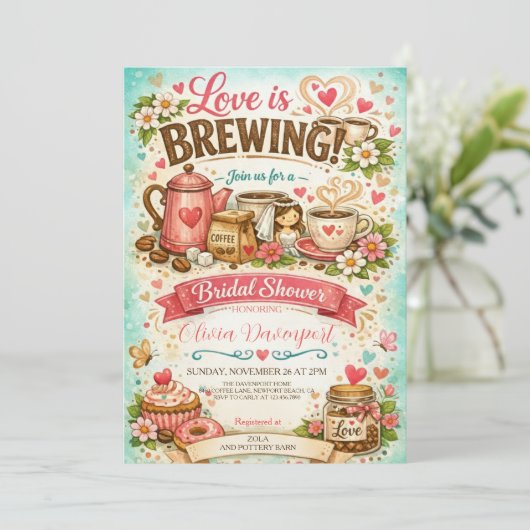Love is Brewing Coffee Hand Drawn Bridal Shower 招待状 (スタンド正面)